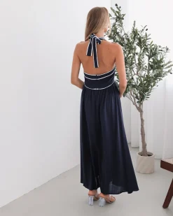 Outlet Dolci Dress - Navy Print Linen Dresses|Halter Dresses