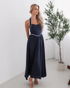 Outlet Dolci Dress - Navy Print Linen Dresses|Halter Dresses