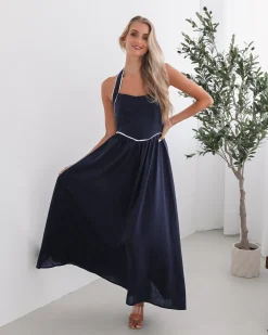 Outlet Dolci Dress - Navy Print Linen Dresses|Halter Dresses