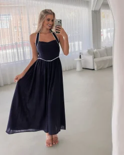 Outlet Dolci Dress - Navy Print Linen Dresses|Halter Dresses