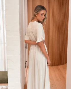 Discount Korbela Dress - Beige Linen Dresses|Basic Dresses
