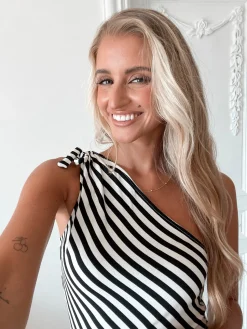 Hot Mckinley Dress - Black Stripe One Shoulder Dresses|Curve Dresses