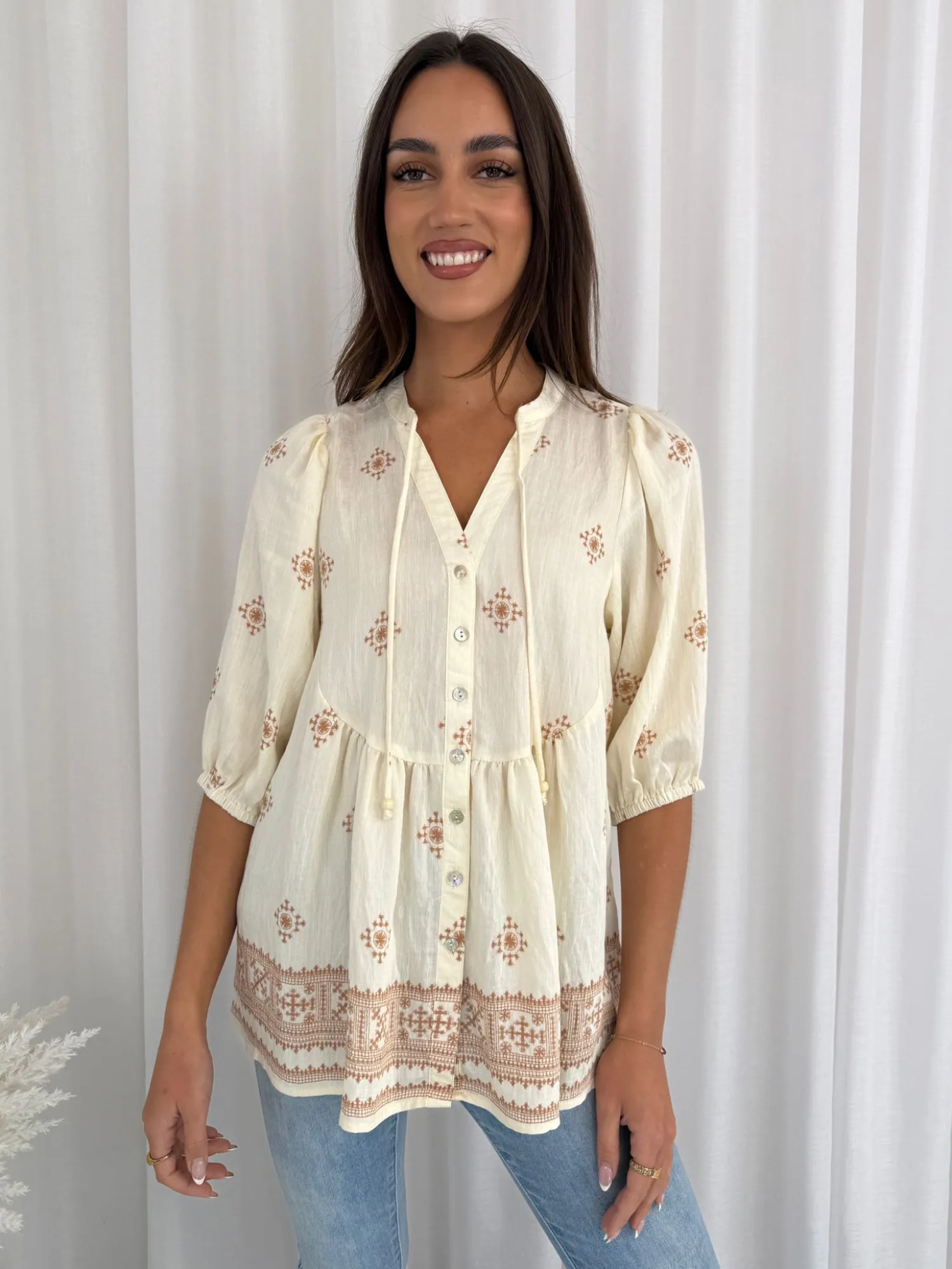 Outlet Perilla Blouse - Beige Print Maternity Tops|Maternity Tops
