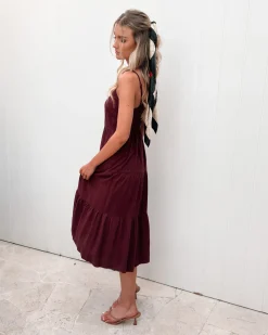 Outlet Sonya Dress - Bordeaux Linen Dresses|Curve Dresses